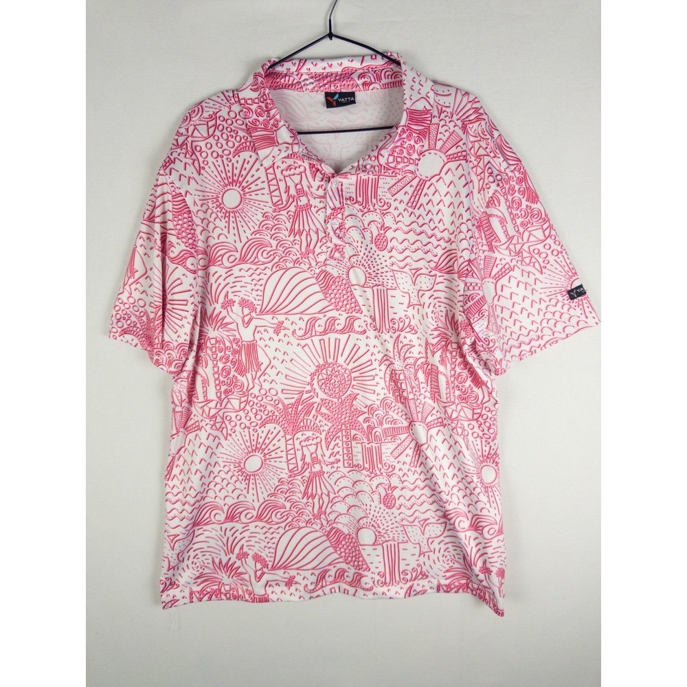 Yatta Golf Mens L Pink White Doodle Print Performance Short Sleeve Polo Shirt